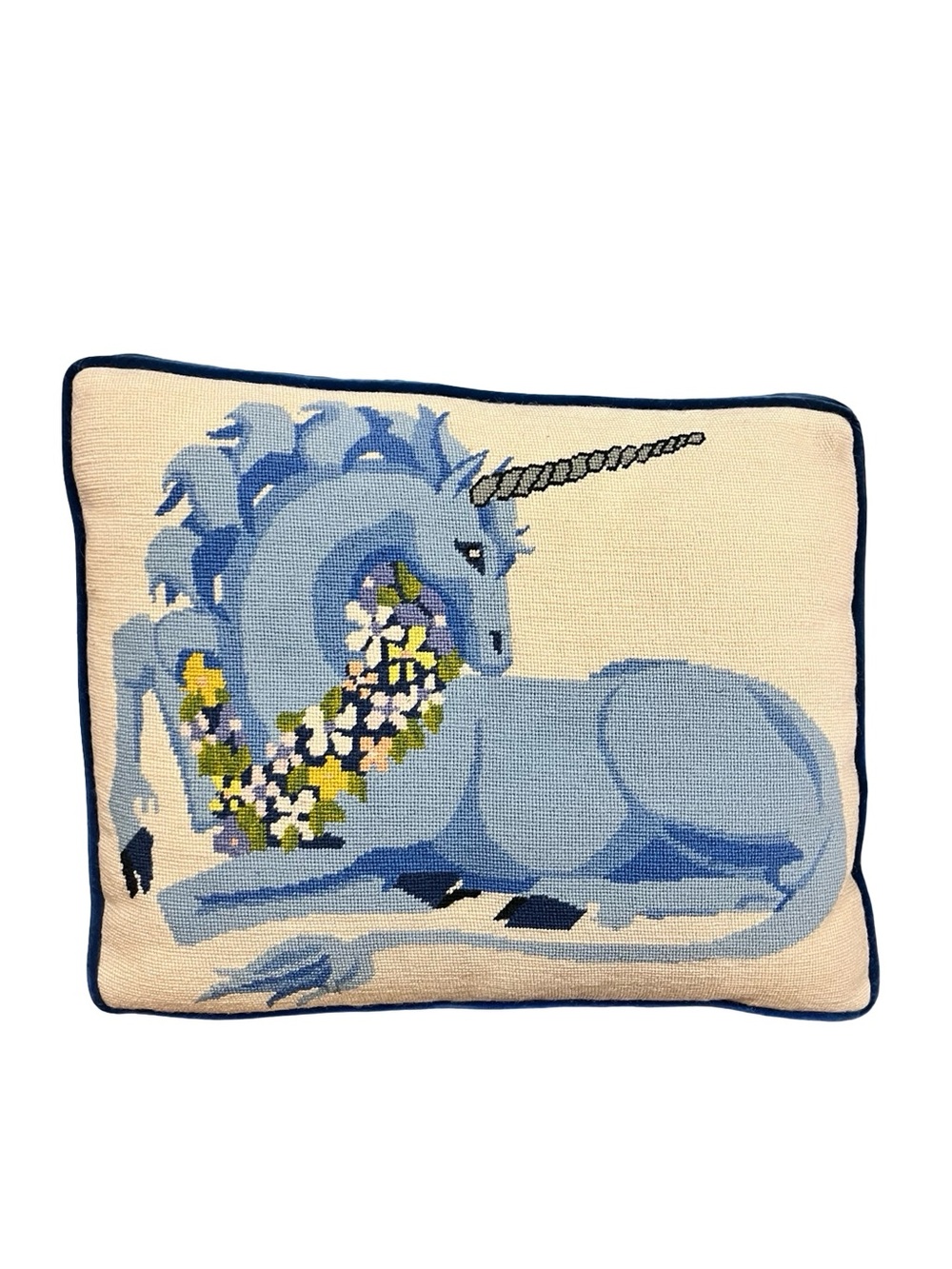 Vtg Unicorn W Wreath Needlepoint Throw Pillow Fantasy D&D Medieval Whimsy Dorm